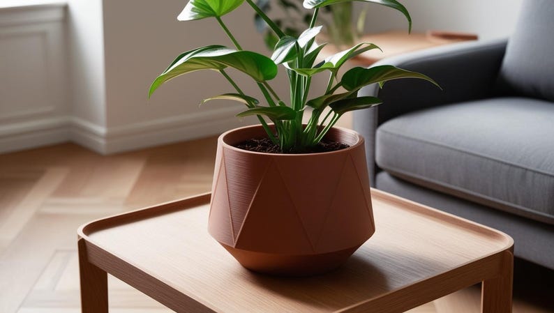 May include: A potted plant with large green leaves sits in a geometric terracotta-colored pot on a wooden table. The table is in a living room setting, with a gray sofa visible in the background. The pot's design features angled facets.