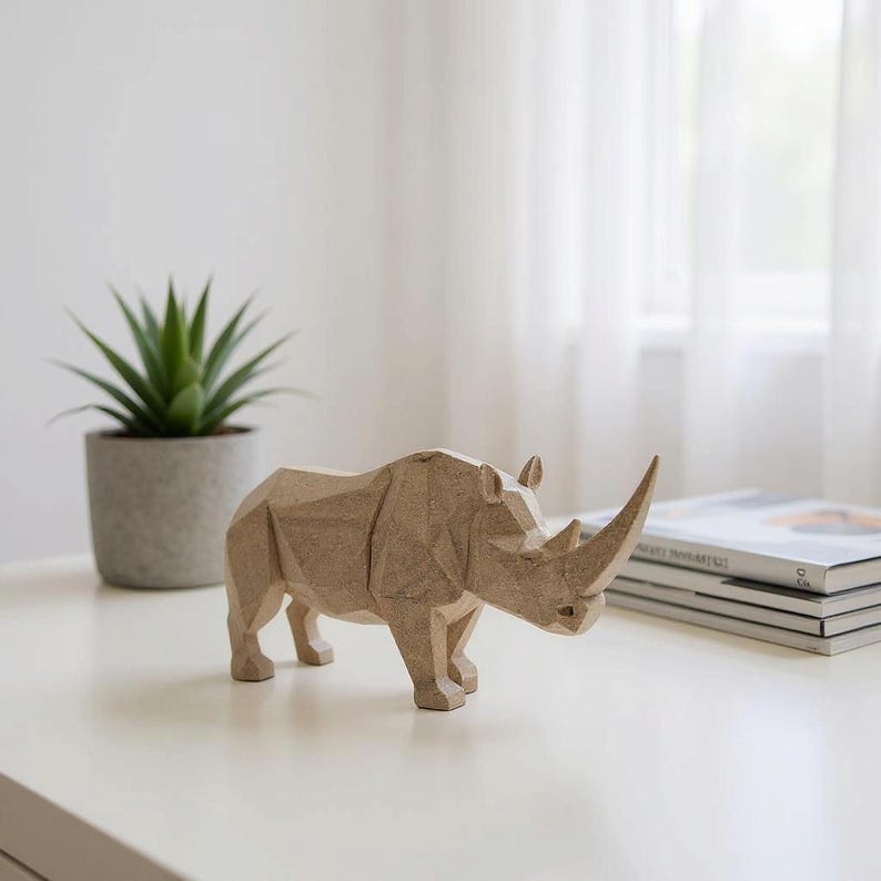 May include: A geometric, light brown rhino sculpture with a prominent horn. The rhino is made of a textured material and stands on a white surface. A potted plant and books are in the background, suggesting a decorative theme.