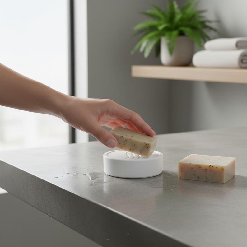 May include: A white ceramic soap dish with a bar of beige soap. Another bar of soap sits on the counter. The soap has small dark specks. The soap dish has a curved design to hold the soap.