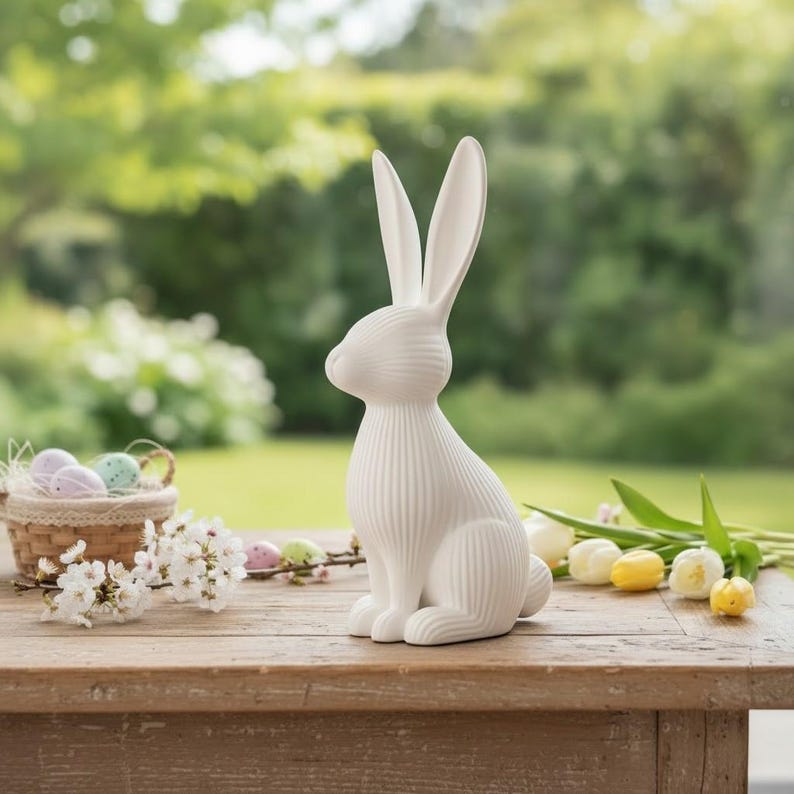 May include: A white ceramic Easter bunny figurine with long ears and a textured body sits on a wooden table. A small basket with pastel-colored eggs and spring flowers are also on the table, with a blurred green background.