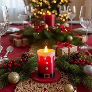 May include: A festive Christmas table setting with a red tablecloth, decorated with a centerpiece of pine boughs, red berries, and gold ornaments. A red candle with a black belt design sits in the foreground, with wine glasses and wrapped gifts.