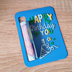 May include: A blue birthday card with the words "HAPPY Birthday TO YOU" in green, yellow, and white. The card has a slot holding rolled-up currency. Decorative stars and a party hat design are also present.