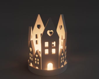 Village Tealight Holder | Round Candle Holder | Heart Village Decor | Mini House Tealight | Romantic Home Decor