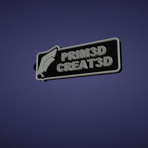 May include: A 3D-printed sign with the text "PRIM3D CREAT3D" in white, set against a black rectangular background with a white border. The sign features a graduation cap icon and is set against a dark blue background.