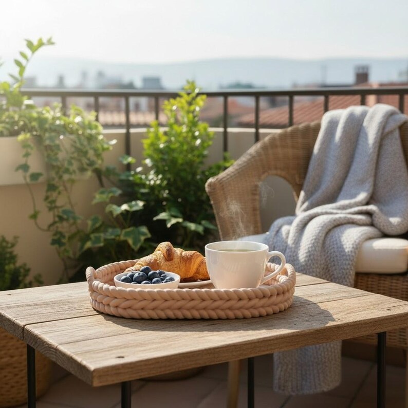 Puede incluir: Una mesa de madera clara en un balc&oacute;n presenta una bandeja tejida con una taza de t&eacute;, un cruas&aacute;n y ar&aacute;ndanos. Una silla de mimbre con una manta gris est&aacute; cerca, con vegetaci&oacute;n en el fondo.