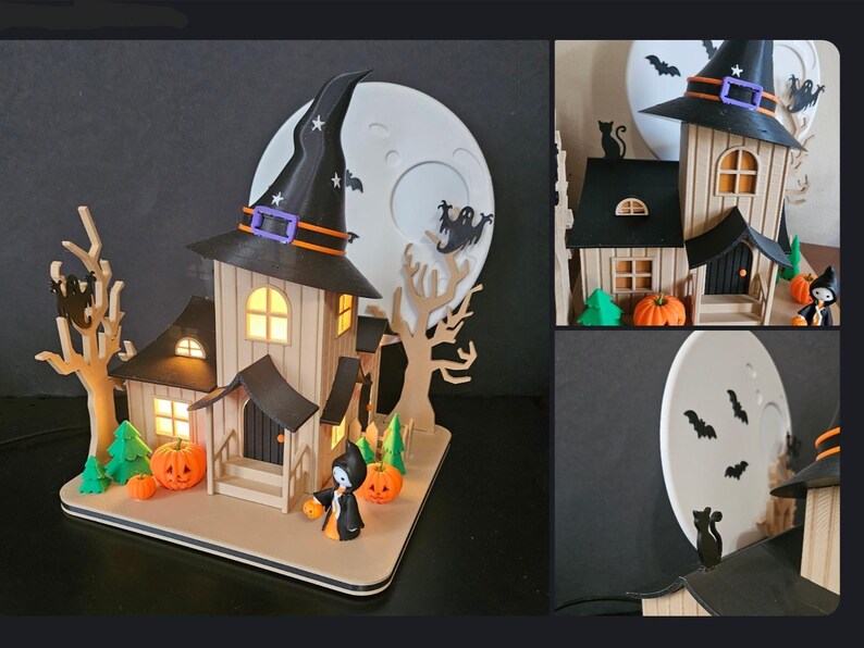 May include: A wooden Halloween-themed house with a witch's hat, pumpkins, and a full moon backdrop. The house has lit windows and a small figure of a witch. Bats and a ghost are also featured in the design. The overall color scheme is black, orange, and beige.