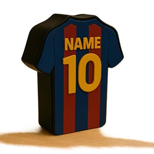K&ouml;nnte beinhalten: Ein Objekt in Form eines Fu&szlig;balltrikots in Blau, Rot und Gelb. Das Trikot hat einen blauen K&ouml;rper mit roten Streifen und die gelbe Nummer 10. Das Wort "NAME" steht &uuml;ber der Nummer.