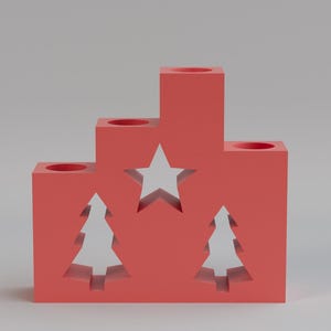 May include: A red wooden Christmas candle holder with a tiered design. It features cut-out shapes of a star and two Christmas trees. The candle holder has four circular openings for candles, creating a festive and decorative item for the holiday season.