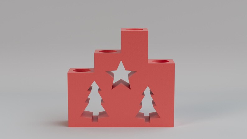 May include: A red wooden Christmas candle holder with a tiered design. It features cut-out shapes of a star and two Christmas trees. The candle holder has four circular openings for candles, creating a festive and decorative item for the holiday season.