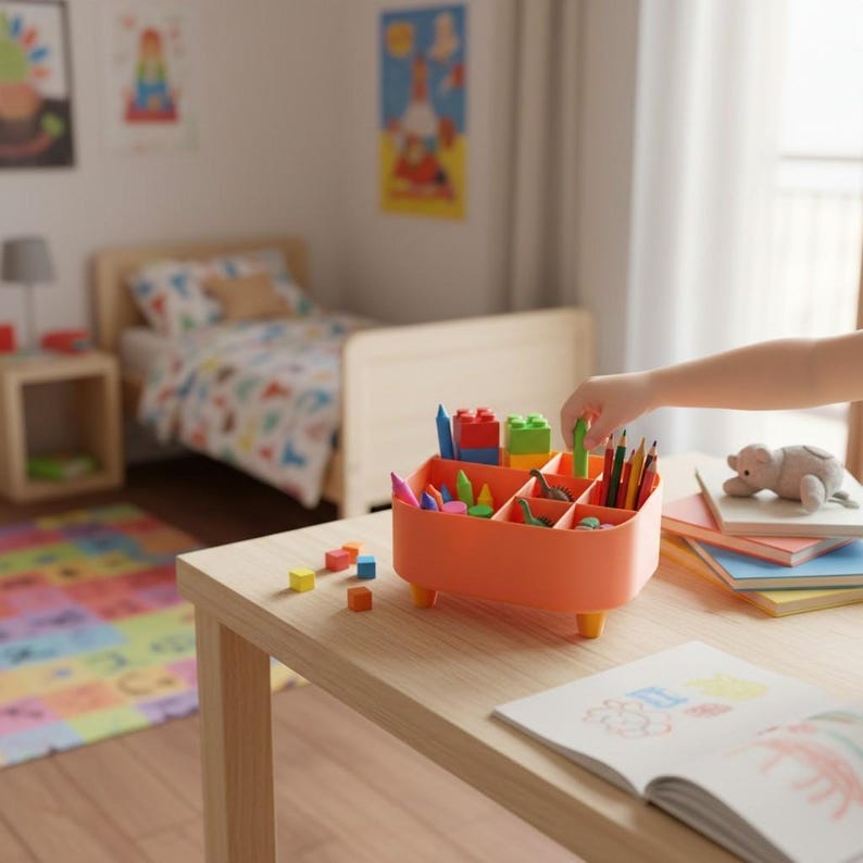 May include: An orange plastic organizer with multiple compartments, filled with crayons, pencils, and small toys, sits on a light wood table. The organizer has short yellow legs. A child's hand reaches into the organizer. A bed and colorful rug are in the background.