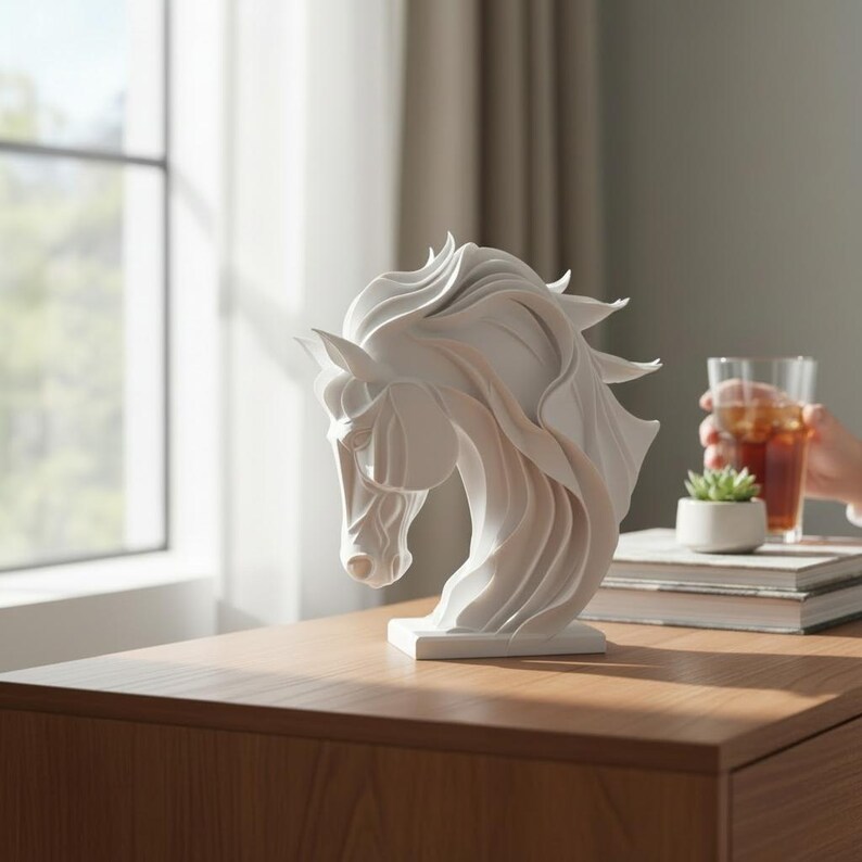 May include: A white horse head sculpture with flowing mane and detailed features. The sculpture is displayed on a wooden surface, showcasing its elegant design. The sculpture is a decorative item.