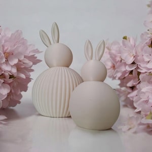 May include: Two ceramic bunny figurines, one with a ribbed texture and the other smooth, both in a light beige color. The bunnies are sitting on a white surface with pink flowers in the background.
