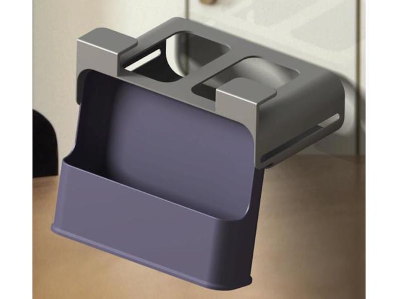 May include: A gray metal and purple plastic organizer designed to hang on a door or cabinet. The organizer has a rectangular purple bin and a gray top section with two compartments.
