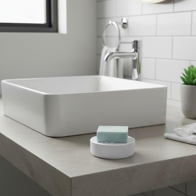 May include: A modern bathroom scene featuring a white, square sink and a light blue soap bar on a white soap dish. The sink sits on a gray countertop, with a window and faucet in the background. A small potted plant adds a touch of green.