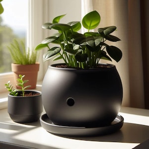 May include: A black, spherical ceramic planter with a matching saucer, containing a lush green plant with large, round leaves. A smaller black planter and a terracotta pot with plants are in the background, near a window.