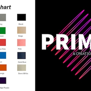 Pu&ograve; includere: Una tabella dei colori con campioni di colore e il testo "Colour Chart". La tabella include colori come bianco, giallo, rosso, verde, blu e viola. Il lato destro dell'immagine presenta il testo "PRIM3D & CREAT3D" con un design al neon.