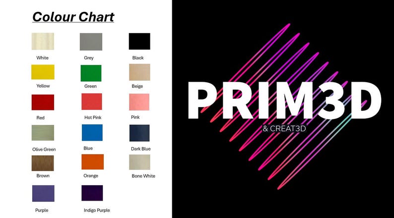 Pu&ograve; includere: Una tabella dei colori con campioni di colore e il testo "Colour Chart". La tabella include colori come bianco, giallo, rosso, verde, blu e viola. Il lato destro dell'immagine presenta il testo "PRIM3D & CREAT3D" con un design al neon.