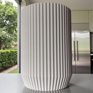 May include: A tall, cylindrical, off-white vase with vertical ribbed detailing. The vase has a slightly flared base and stands on a gray surface. The background includes a window with a view of greenery and a modern kitchen.