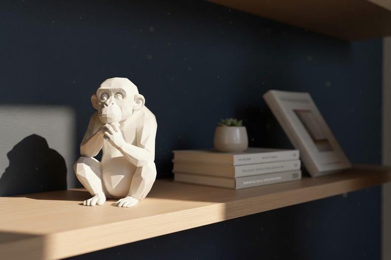 May include: A white, geometric monkey sculpture sits on a wooden shelf. The sculpture is in a seated position with its hands clasped. Other items on the shelf include a small potted plant, and several books. The background is a dark blue wall.