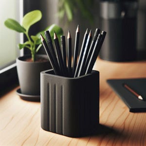 May include: A black pencil holder filled with sharpened black pencils. The pencil holder is a dark gray square shape with vertical lines on the sides. A small potted plant sits in the background on a wooden surface.