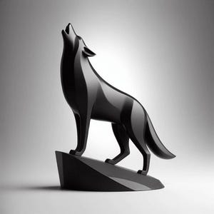 May include: A black sculpture of a howling wolf. The wolf is standing on a geometric base, with its head raised and mouth open in a howl. The sculpture has a glossy finish and is set against a gradient background.