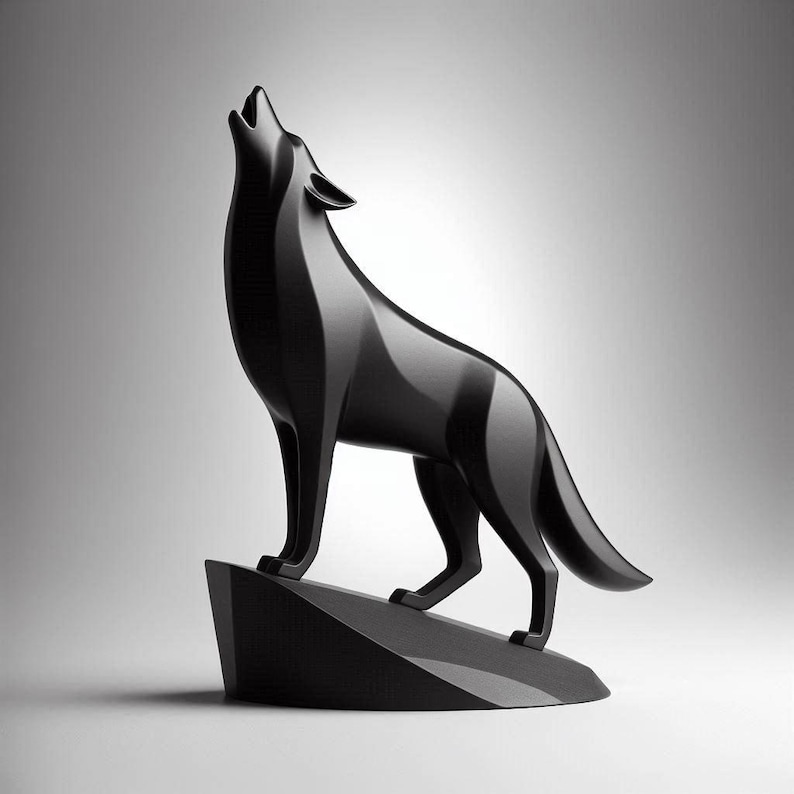 May include: A black sculpture of a howling wolf. The wolf is standing on a geometric base, with its head raised and mouth open in a howl. The sculpture has a glossy finish and is set against a gradient background.
