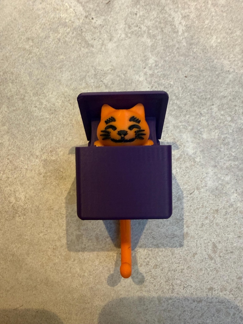 May include: A whimsical orange cat figurine peeks out from a purple box with a hinged lid. The cat has black facial features and is set against a neutral background. The box has an orange tail-like handle.