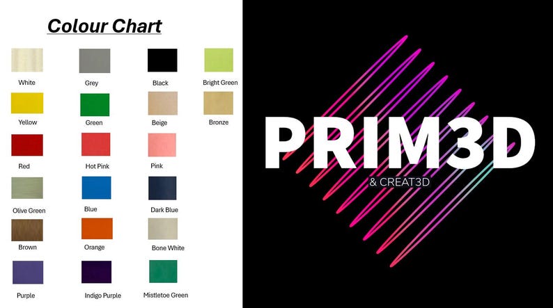 May include: A color chart displays a variety of hues, including white, yellow, red, green, blue, and purple. The chart is accompanied by the text "Colour Chart." The right side features the PRIM3D logo with a geometric design and the text "& CREAT3D."