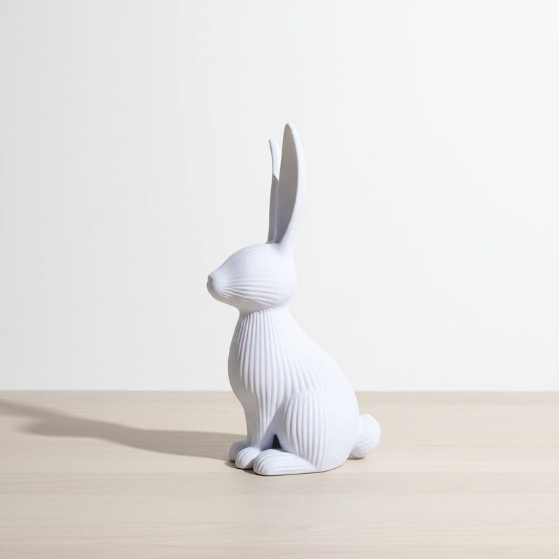 May include: A white ceramic rabbit figurine with long ears and a textured, ribbed design. The bunny is sitting upright on its hind legs, with its front paws resting on the surface. The figurine is a decorative item.