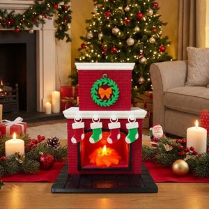 May include: A decorative red fireplace with a wreath and four hanging stockings. The fireplace has a glowing fire effect. Christmas decorations, including a tree, gifts, and candles, surround the fireplace.