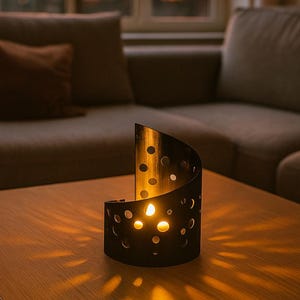 May include: A black metal candle holder with a curved design and circular cutouts. The candle holder sits on a wooden table, with a lit candle inside casting a warm glow. The background features a sofa and a pillow.