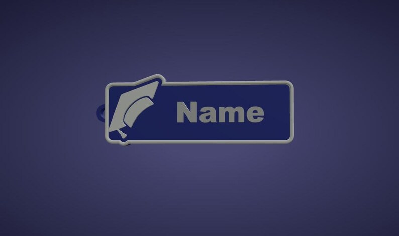 May include: A blue and white graduation-themed name tag. The name tag has a blue background with the word "Name" in white. A white graduation cap is on the left side of the name tag.