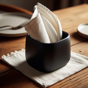 May include: A black square napkin holder with rounded corners, filled with folded white napkins. The holder sits on a white fringed napkin, with a wooden table and a plate in the background. A fork is visible on the plate.