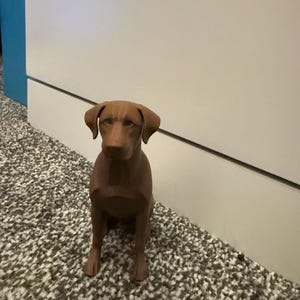 May include: A brown dog figurine in a sitting position. The dog has a smooth, polished surface and is positioned on a patterned carpet. The figurine is a solid color and has a realistic appearance.