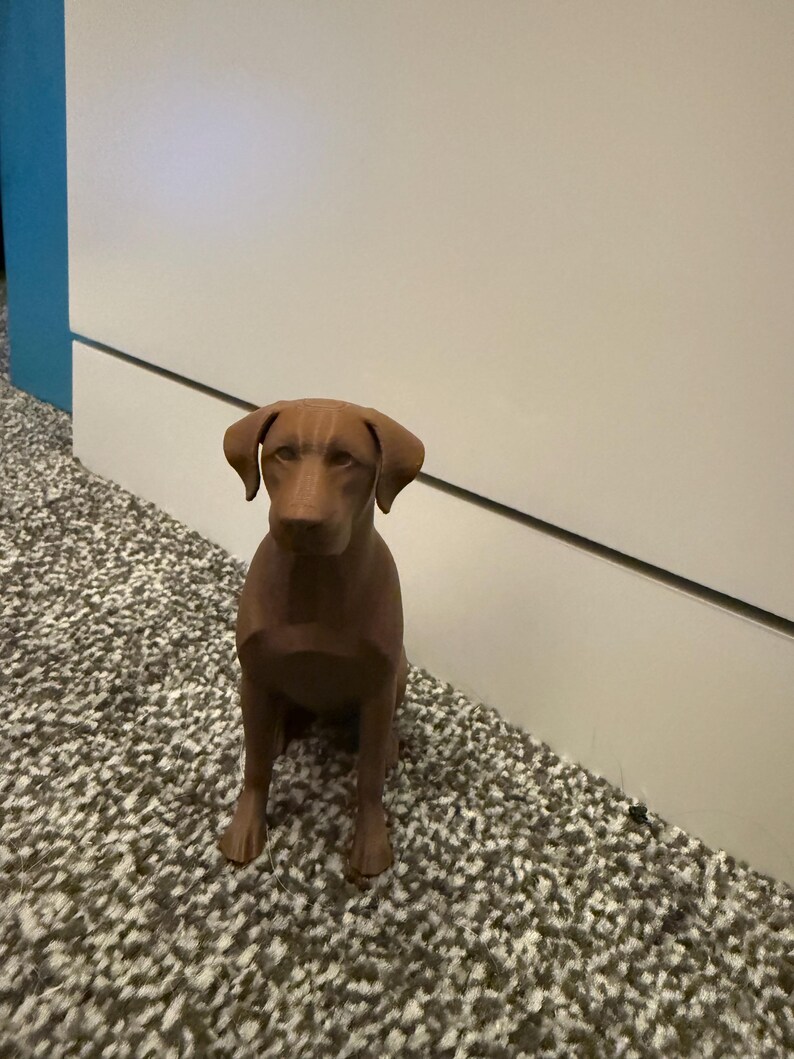 May include: A brown dog figurine in a sitting position. The dog has a smooth, polished surface and is positioned on a patterned carpet. The figurine is a solid color and has a realistic appearance.