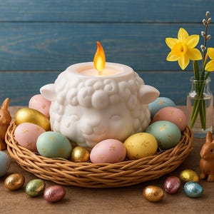 May include: An Easter-themed arrangement featuring a white sheep-shaped candle holder with a lit flame, surrounded by pastel-colored eggs in a woven basket. Two brown bunny figurines and yellow daffodils in a glass vase complete the festive display.