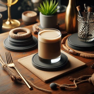 May include: A glass of coffee with a foamy top sits on a black coaster atop a tan placemat. A gold fork and decorative items are arranged on a wooden table. A small potted plant and other decor are in the background.