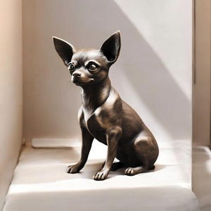 May include: A bronze-colored Chihuahua statue with large ears and a seated pose. The dog figurine is detailed with realistic features and sits on a white surface, with a neutral background. This decorative item is suitable for home decor.