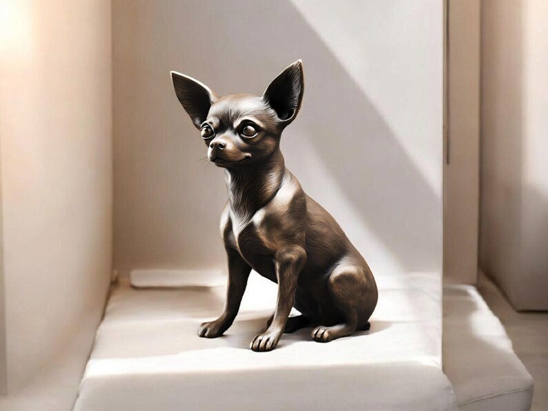 May include: A bronze-colored Chihuahua statue with large ears and a seated pose. The dog figurine is detailed with realistic features and sits on a white surface, with a neutral background. This decorative item is suitable for home decor.