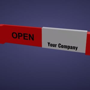 May include: A red and white sign with the word "OPEN" in black text on the red side and "Your Company" on the white side. The sign is rectangular and appears to be a 3D rendering against a blue background.