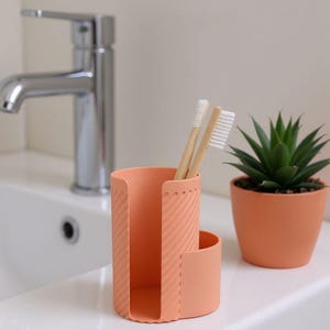 May include: A peach-colored toothbrush holder with two bamboo toothbrushes. The holder has a textured design and a curved section. A small potted succulent plant sits to the right. The scene is set in a bathroom.