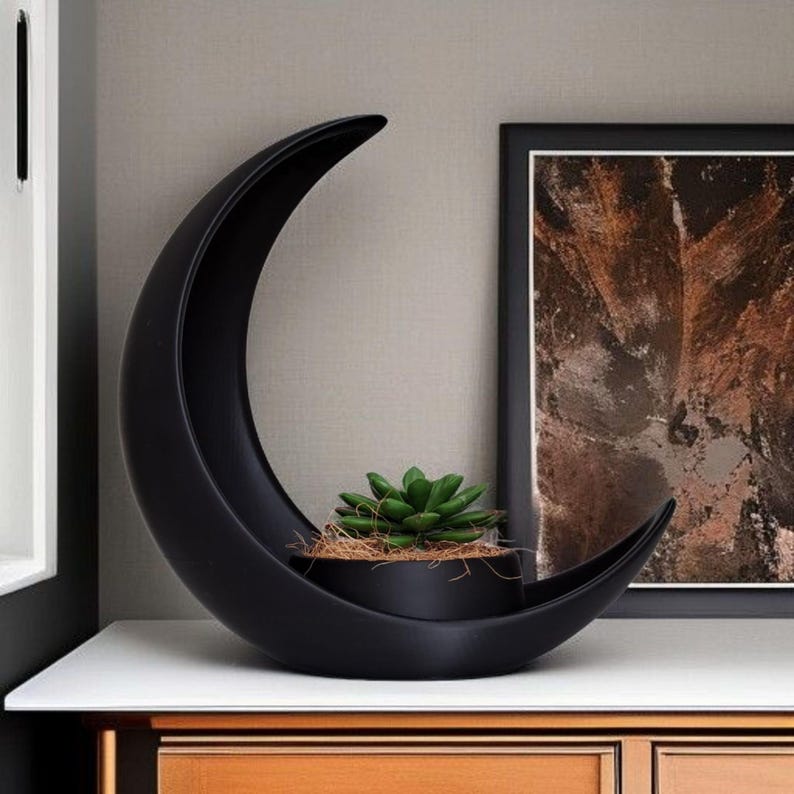 Puede incluir: Una maceta negra en forma de media luna que contiene una peque&ntilde;a planta suculenta. La maceta est&aacute; hecha de un material negro mate y se encuentra sobre una superficie blanca. Una pintura abstracta enmarcada est&aacute; en el fondo.