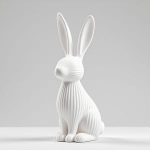 May include: A white ceramic rabbit figurine with long ears and a textured, ribbed body. The rabbit is in a seated position, with its front paws together. The figurine is a decorative item, suitable for home decor.