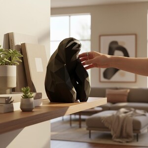 May include: A geometric, dark brown sloth sculpture with a light-colored stripe across its face. The sloth is displayed on a wooden shelf with books and potted plants. The sculpture has a modern, angular design and is a decorative home accent.