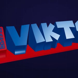 Op de afbeelding: 3D-weergave van de naam "VIKTOR" in blauw, met een rode basis en een QR-code. De letters zijn gestileerd met een schaduweffect, tegen een donkerblauwe achtergrond met een rasterpatroon.