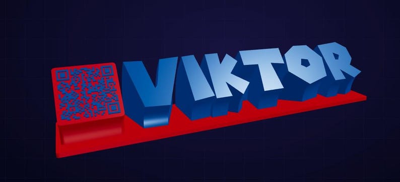Op de afbeelding: 3D-weergave van de naam "VIKTOR" in blauw, met een rode basis en een QR-code. De letters zijn gestileerd met een schaduweffect, tegen een donkerblauwe achtergrond met een rasterpatroon.