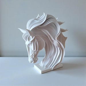 May include: A white horse head sculpture with flowing mane and detailed facial features. The sculpture is mounted on a square base and is set against a plain background. The horse head is a decorative item.