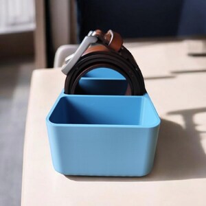 May include: A light blue organizer with two compartments, one holding a brown leather belt.
