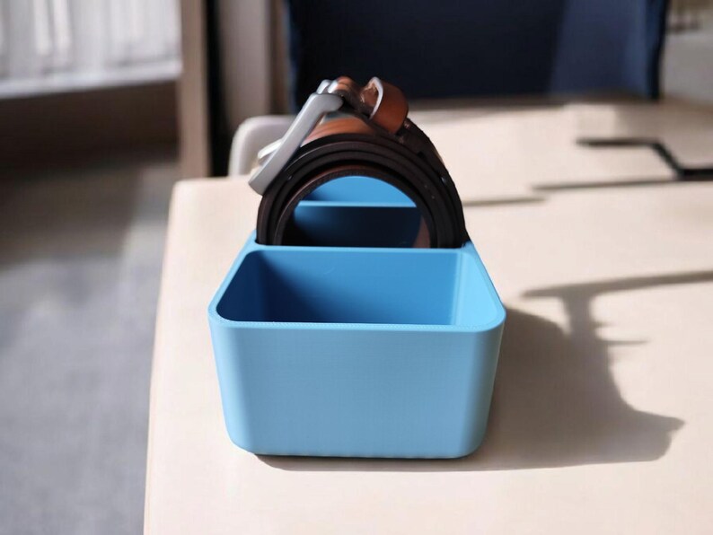 May include: A light blue organizer with two compartments, one holding a brown leather belt.