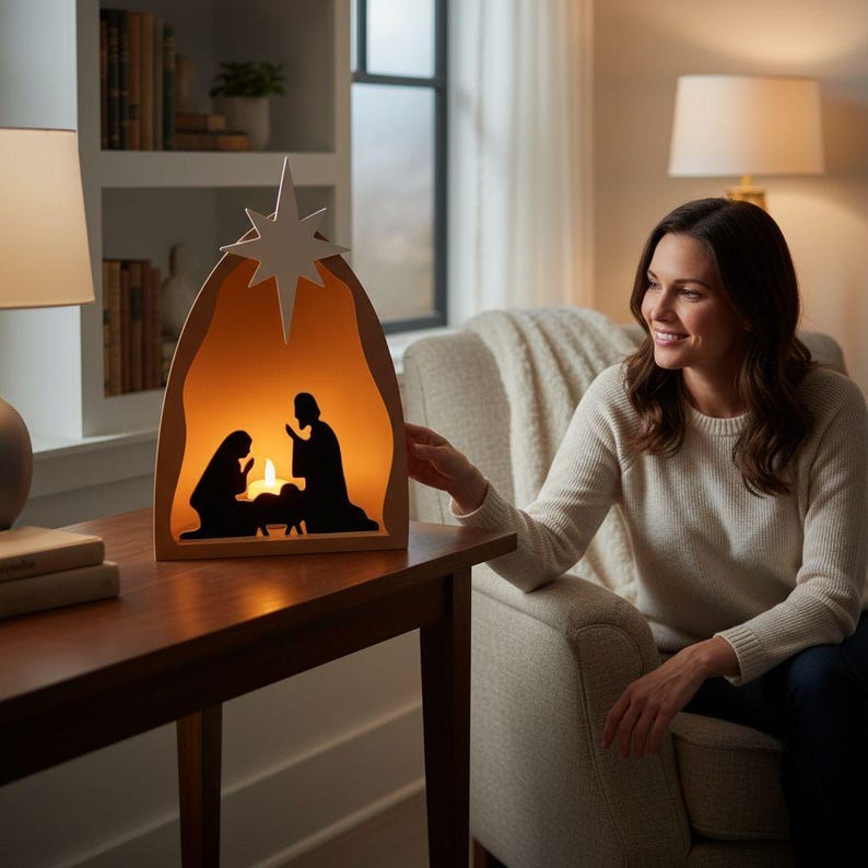May include: A wooden nativity scene with an internal light, showing silhouettes of Mary, Joseph, and baby Jesus. A star sits atop the arched frame. The warm glow creates a cosy, inviting atmosphere, ideal for festive decoration.